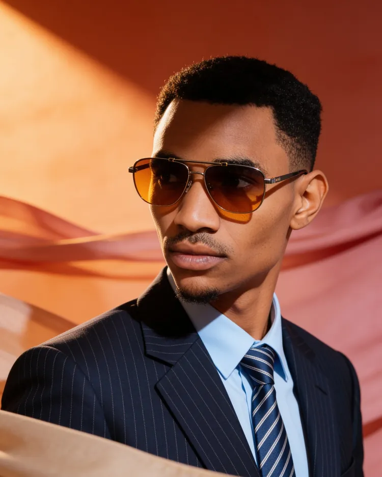 A man in a pinstripe suit wearing gold aviator sunglasses with amber lenses